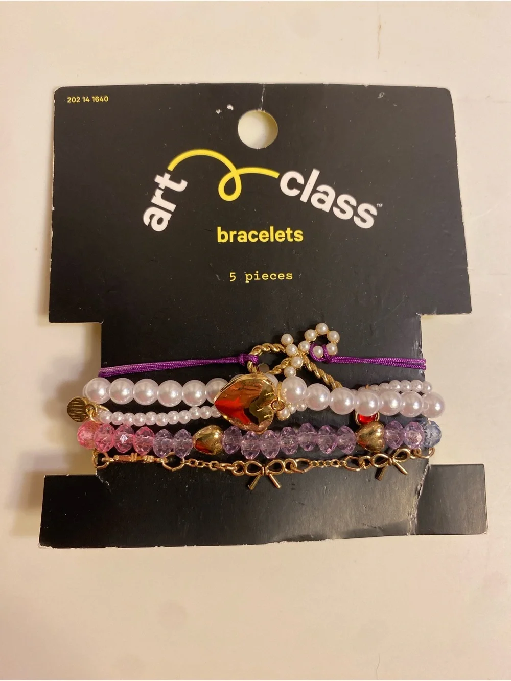 NWT Art Class Girls 5pc Bracelet Set Gold Pearl Heart Bow Pink Purple Beaded